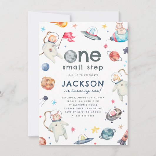 Een kleine stap | Space Animals 1e verjaardagsfees Kaart (Voorkant)