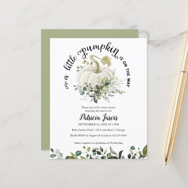 Een kleine uitnodiging tot Baby shower voor pompoe (Voorkant / Achterkant in situ)