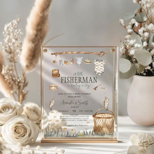Een kleine visser die in blijdschap Baby shower Acryl Uitnodigingen