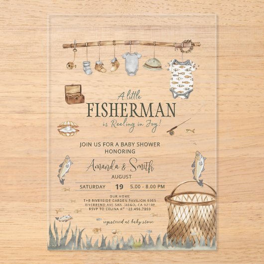 Een kleine visser die in blijdschap Baby shower Acryl Uitnodigingen (Voorkant)