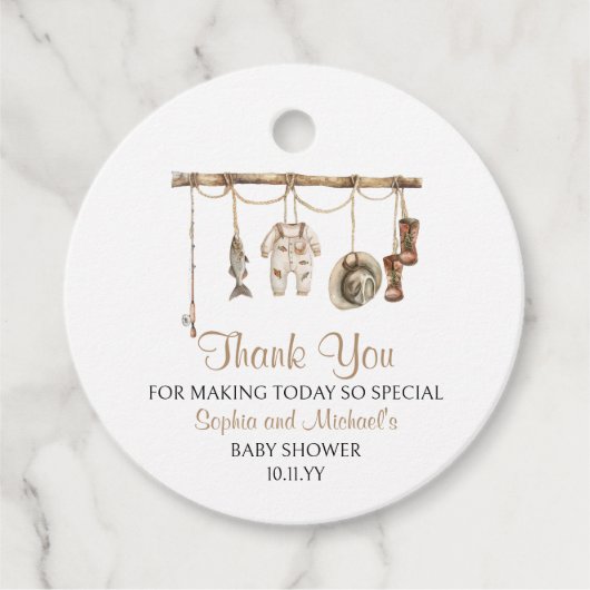 Een kleine visser is onderweg naar het Baby shower Bedankjes Labels (Voorkant)