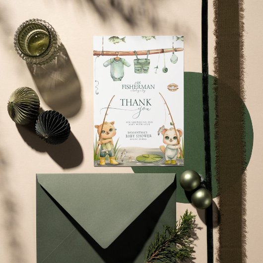 Een kleine visser voelt zich in blijdschap Baby sh Bedankkaart