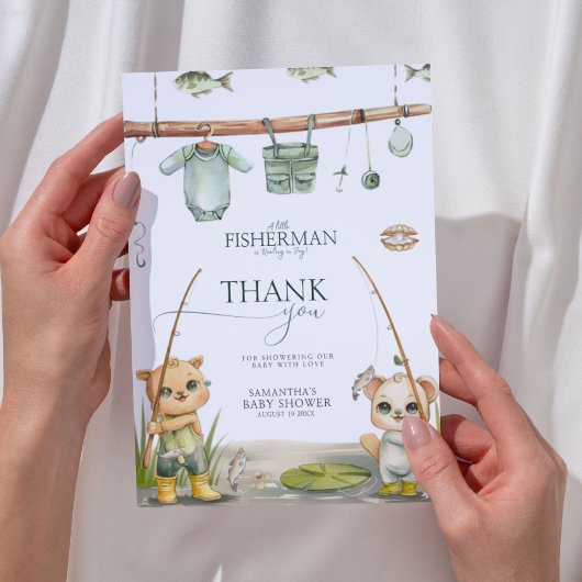 Een kleine visser voelt zich in blijdschap Baby sh Bedankkaart