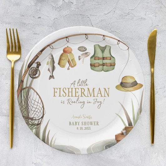 Een kleine visser voelt zich in blijdschap Baby sh Papieren Bordje