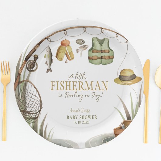 Een kleine visser voelt zich in blijdschap Baby sh Papieren Bordje