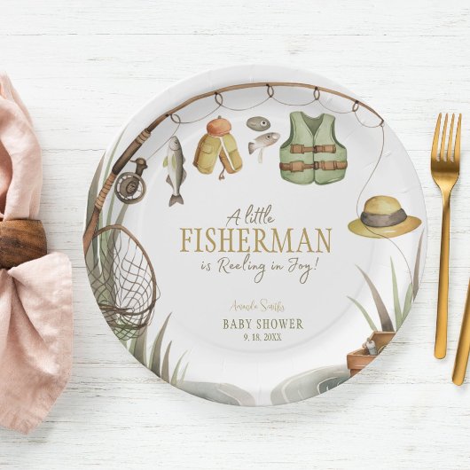 Een kleine visser voelt zich in blijdschap Baby sh Papieren Bordje