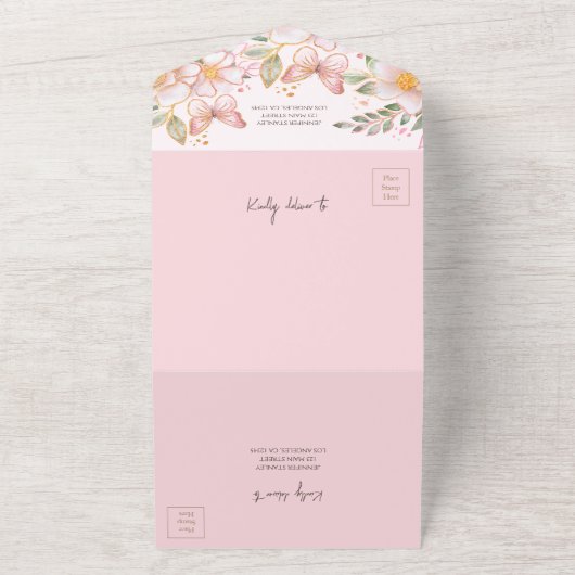 Een kleine vlinder | Goud Glitter Roze Baby shower All In One Uitnodiging (Buitenkant)