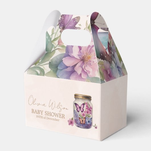 Een kleine vlinder in een potje bloemenbaby shower bedankdoosjes (Achterkant)