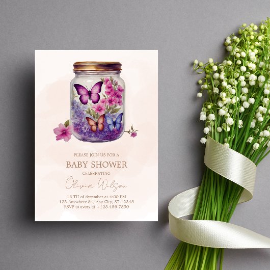 Een kleine vlinder in een potje Floral Baby shower Kaart