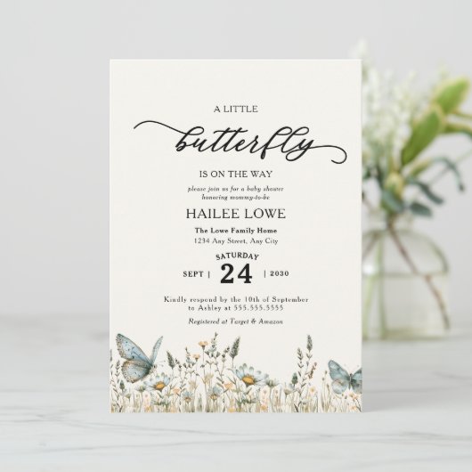 Een kleine vlinder is onderweg naar Baby shower Bl Kaart (Staand voorkant)