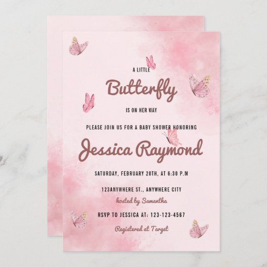 Een kleine vlinder is op weg naar roze Baby shower Kaart (Voorkant / Achterkant)