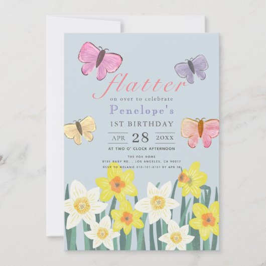 Een kleine vlinder narcis meisje 1e verjaardag kaart (Voorkant)