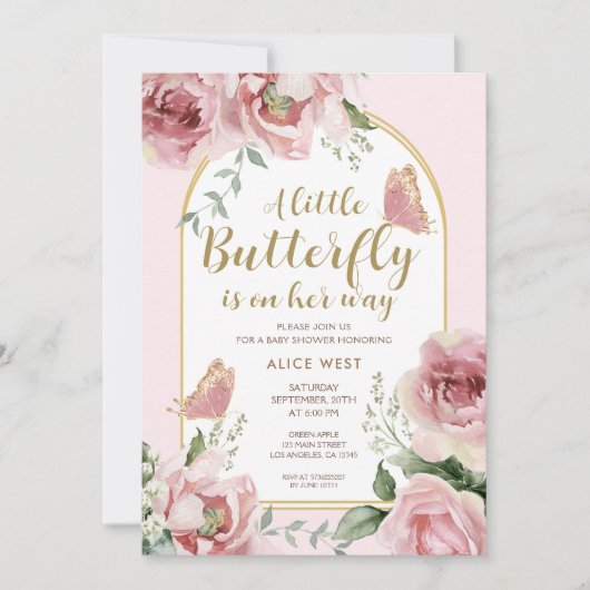 Een kleine vlinder | Pink Gold Glitter Baby shower Kaart (Voorkant)