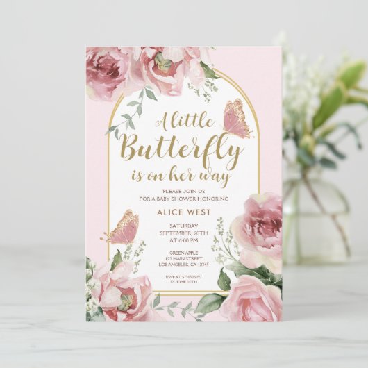 Een kleine vlinder | Pink Gold Glitter Baby shower Kaart (Staand voorkant)