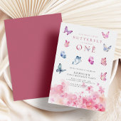 Een kleine vlinder roze bloemen 1e verjaardag kaart