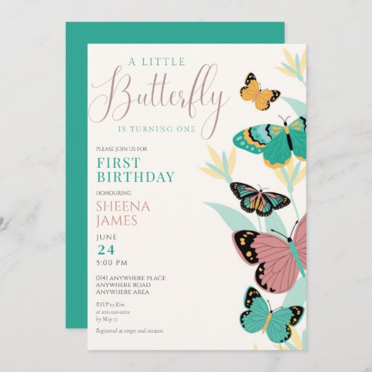Een kleine vlinder wordt een 1e verjaardag kaart (Voorkant / Achterkant)