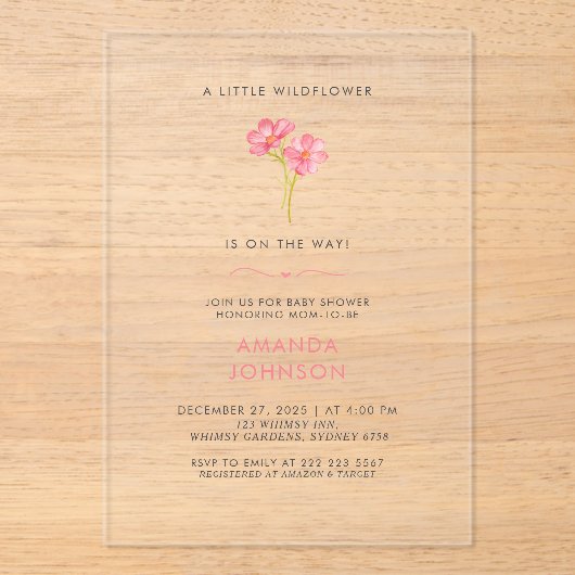 Een kleine wilde bloem baby in bloei baby shower acryl uitnodigingen (Voorkant)