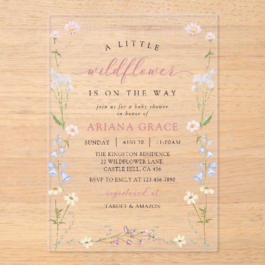 Een Kleine Wilde Bloem Boho Meisje Baby Shower Acryl Uitnodigingen (Voorkant)