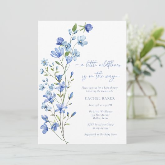 Een Kleine Wilde Bloem Boho Stofblauw Baby Shower Kaart (Staand voorkant)