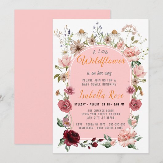 Een Kleine Wilde Bloem Roze Meisje Baby Shower Kaart (Voorkant / Achterkant)