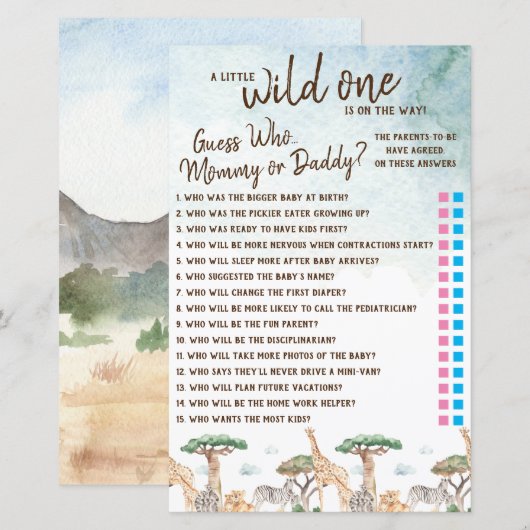 Een kleine Wilde die weet wie? Baby shower game (Voorkant / Achterkant)