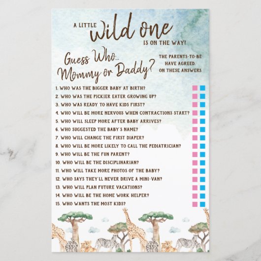 Een kleine Wilde die weet wie? Baby shower game (Voorkant)