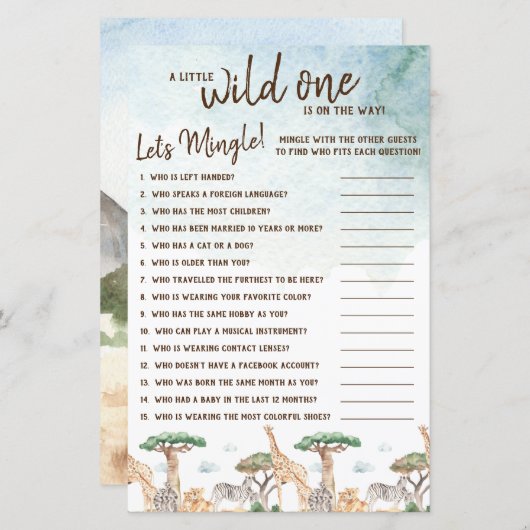 Een kleine Wilde laat Mingle. Baby shower game (Voorkant / Achterkant)