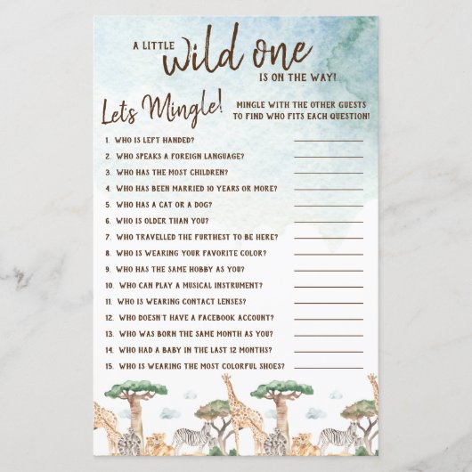Een kleine Wilde laat Mingle. Baby shower game (Voorkant)