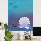 Een kleine zeemeermin die in een zeeschip slapen poster (Thuiskantoor)