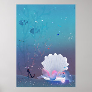 Een kleine zeemeermin die in een zeeschip slapen poster