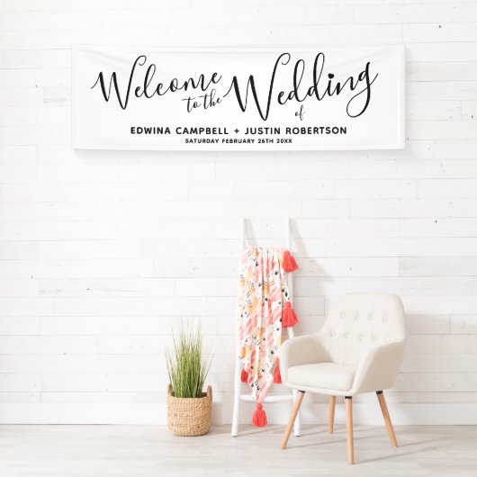 Een kleine zwarte tekst op wit welkom spandoek (Insitu)