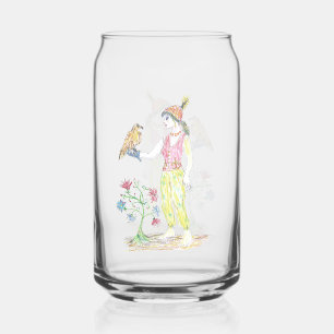 Een kleurpotloodtekening van een vrouw blikvorm glas