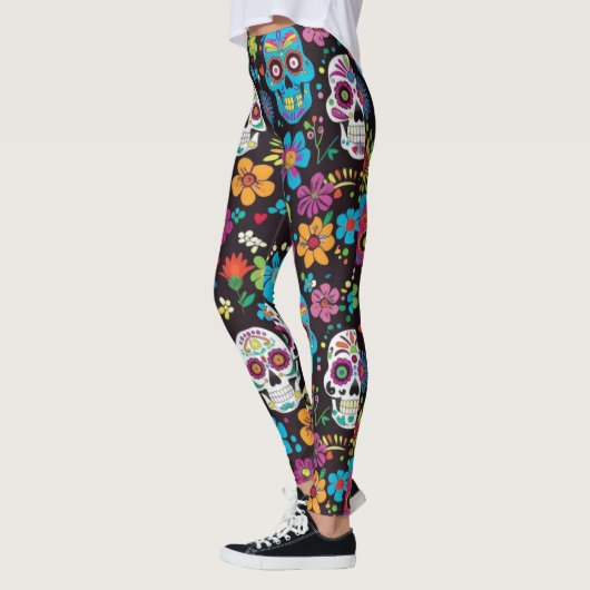 Een kleurrijk patroon van schedels en bloemen Legg Leggings (Links)