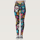 Een kleurrijk patroon van schedels en bloemen Legg Leggings (Voorkant)