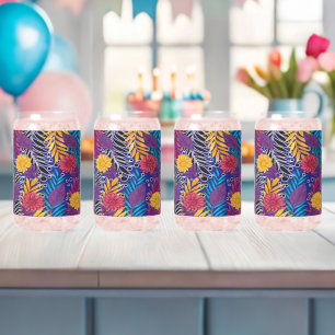 Een kleurrijke bloem en bladeren patroon op een bl blikvorm glas