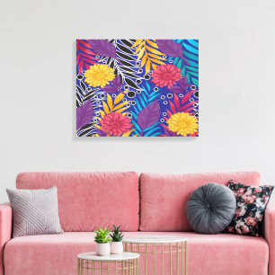Een kleurrijke bloem en bladeren patroon op een bl canvas afdruk