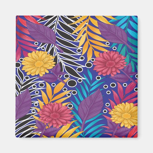 Een kleurrijke bloem en bladeren patroon op een bl magneet (Voorkant)