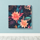 Een kleurrijke bloemen en bladeren op een zwarte a canvas afdruk (Insitu (Houten vloer))