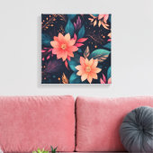 Een kleurrijke bloemen en bladeren op een zwarte a canvas afdruk (Insitu (Woonkamer))