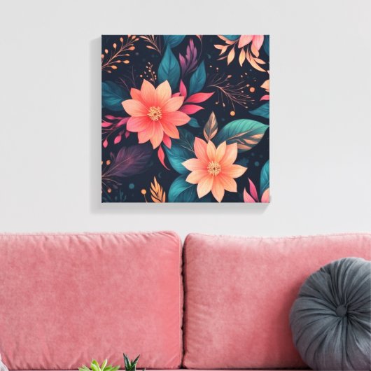 Een kleurrijke bloemen en bladeren op een zwarte a canvas afdruk (Insitu (Woonkamer))