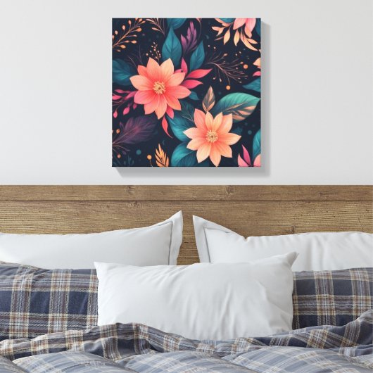 Een kleurrijke bloemen en bladeren op een zwarte a canvas afdruk (Insitu (Slaapkamer))