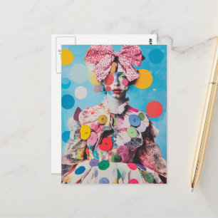 Een kleurrijke dame met een grote strik en knopen briefkaart