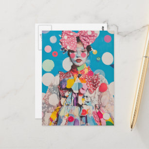 Een kleurrijke dame met een grote strik en polka s briefkaart