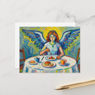 Een kleurrijke engel bij het ontbijt briefkaart