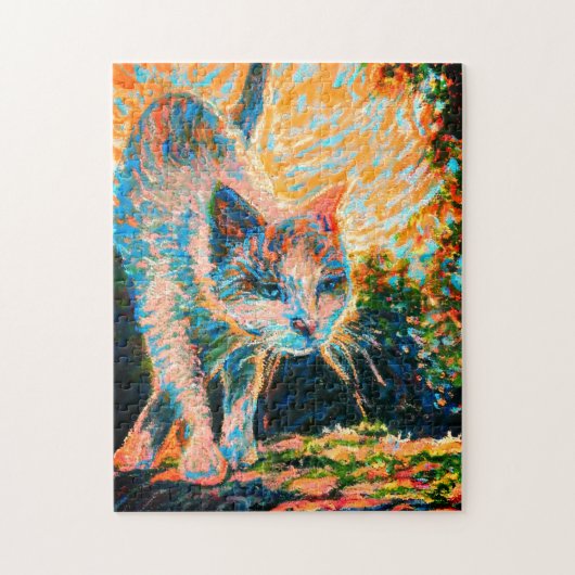 Een kleurrijke kat die tegen zonlicht op de muur l legpuzzel (Verticaal)