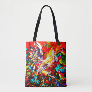 "Een kleurrijke ochtend" Rooster en Hummingbird Tote Bag