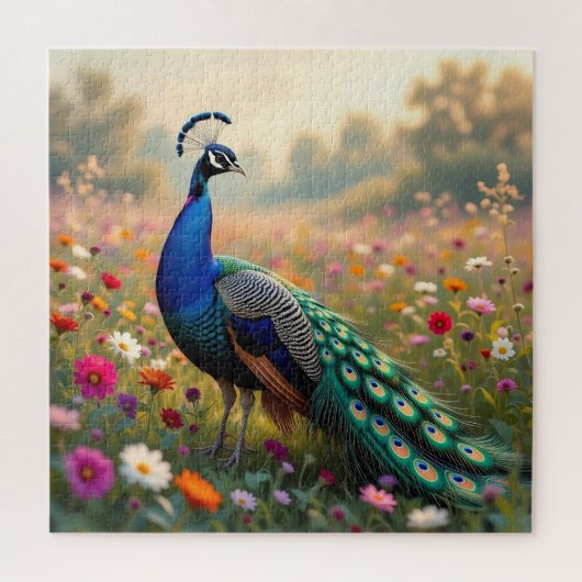 Een Kleurrijke Pauw en Bloemen  Legpuzzel (Verticaal)
