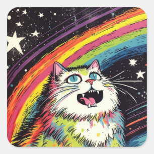 Een kleurrijke pluizige kat in de ruimte vierkante sticker