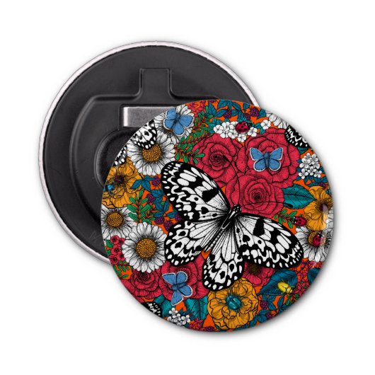 Een kleurrijke tuin button flesopener (Voorkant)