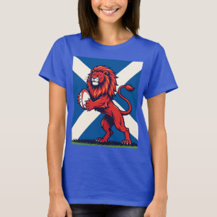 Een klimmende leeuw die een rugbybal vasthoudt t-shirt